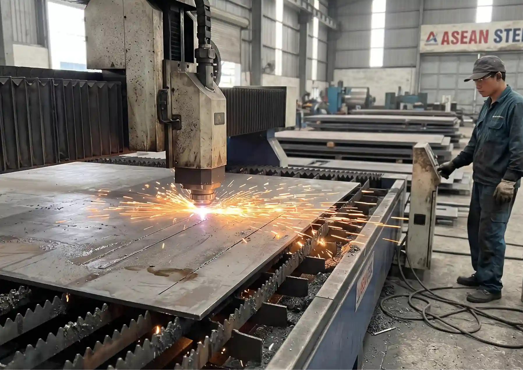 Máy cắt laser fiber công suất lớn gia công thép tấm asean steel